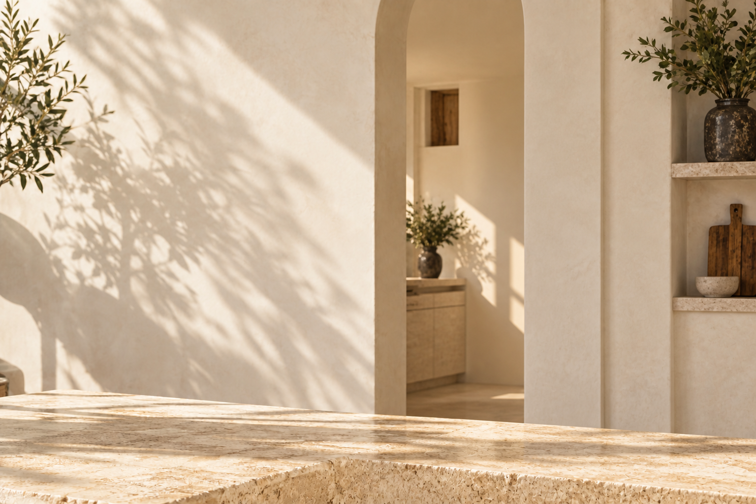 An empty sunlit kitchen with warm plaster walls and a stone counter