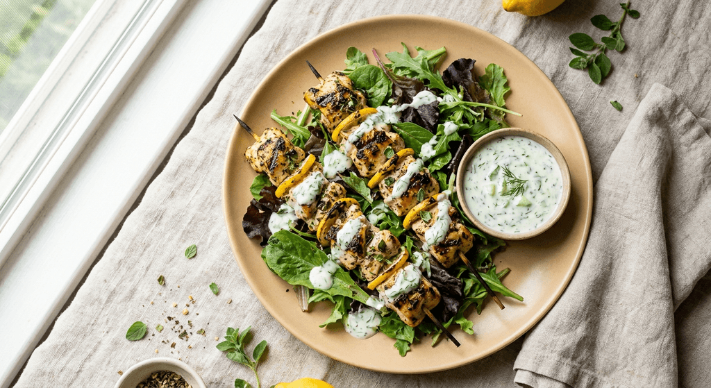 Grilled chicken skewers over leafy greens with cucumber-dill sauce